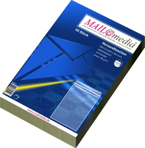 MAILMEDIA 30022381 Versandtaschen C4, mit Fenster, selbstklebend, 90 g/qm, braun, 50 Stück