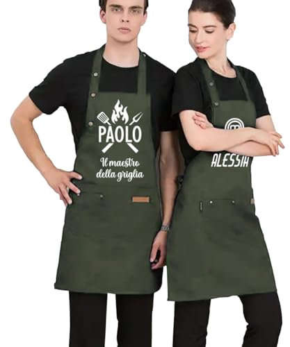 Happenings Delantal Personalizado con Nombre - Master Chef - Regalos de Barbacoa BBQ - Papá Maestro de la Parrilla - Talla Universal - 3 Bolsillos (Caqui)