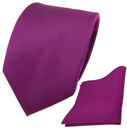TigerTie Krawatte + Einstecktuch magenta fuchsia violett Uni Rips - Binder Tuch
