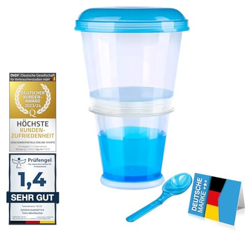 GOODS+GADGETS Müslibecher to Go Deluxe - Joghurt-Becher für unterwegs - Reise Lunchpot mit Löffel und Iso-Kühlfach für Müsli, Cerealien, Porridge und Obst (1, Blau)