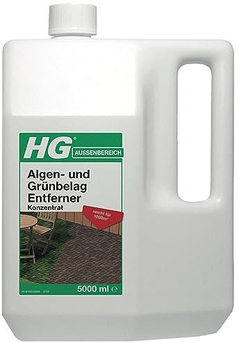 HG Algen- und Grünbelag Entferner Konzentrat 5 Liter, Grünbelagentferner Gegen Algen und Moos auf Terrassen, Wegen, Wänden, Dächern, Holz, Grabsteinen und Mehr, Dauerhaft Wirkend, Sparsamer Verbrauch