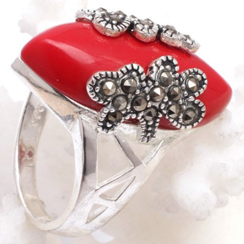 Sweet & Happy Girl's Store 14x27mm Marquise K¨¹nstliche rote Koralle Tibet Silber Perlen Basis Markasit Ring senden durch gelegentliches US # 6 - # 9