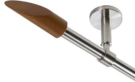 BASIT Gardinenstange Edelstahllook 16mm 1-läufig Decke Wand 120cm lang D11 | Gardinenstangenset einläufig Deckenmontage & Wandmontage Metall Vorhangstange 120-600cm wählbar Kappe Schräge Holz E53