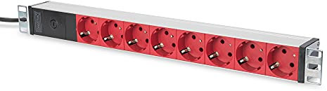 DIGITUS Regleta 19 - 8 tomas (Rojo) - 1U - 250VAC - 50/60Hz - 16A - 4000W - pre-fusible para protección de sobrecarga