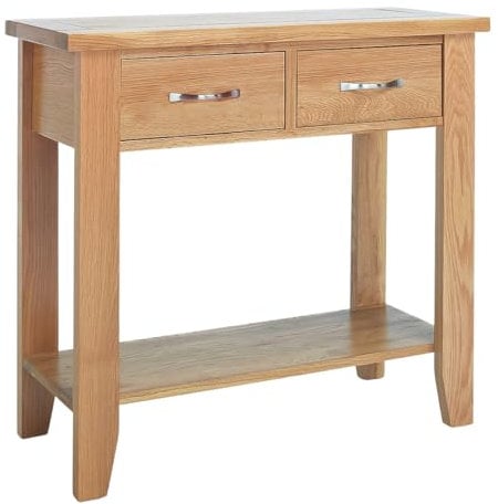 Hallowood Furniture Camberley Oak Small Console Table with 2 Drawers for Hallway, Solid Oak Wooden Narrow Radiator Side Table with Lower Shelf, Telephone or Lamp Stand for Living Room