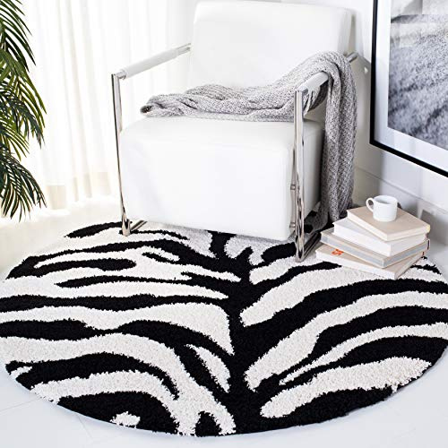 SAFAVIEH Florida Shag Collection 6'7 Round Ivory / Black SG452 Zebra Print Non-Shedding Living Room Bedroom Dining Room Entryway Plush 1.2-inch Thick Area Rug