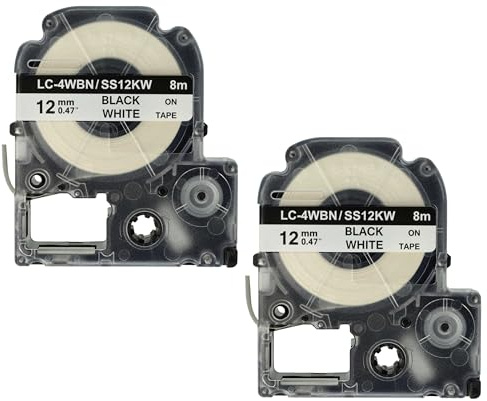 vhbw 2x Schriftband-Kassette kompatibel mit Epson LabelWorks LW-700 | LW-900P, LW-500, LW-400 Etiketten-Drucker 8m x 12mm Schwarz auf Weiß