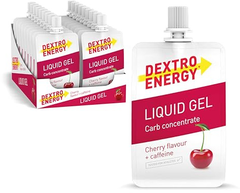 Dextro Energy Gel líquido cereza + cafeína - 18 x 60 ml (paquete de 18) - Gel deportivo y carbohidratos de rápida absorción para deportes de resistencia