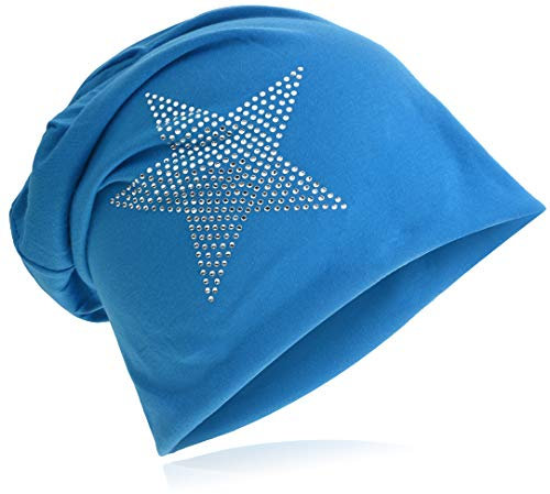 Miobo Jersey Slouch Beanie Long Mütze Stern mit Strass Stern Applikation,Lichtblau