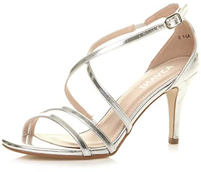 Ajvani Womens Ladies mid high Heel Strappy Crossover Wedding Sandals Shoes, Silver Metallic, 5 UK