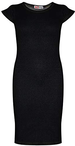 A2Z 4 Kids Girls Dresses Plain Short Sleeves Cap Slim - New Midi Dress Black 7-8