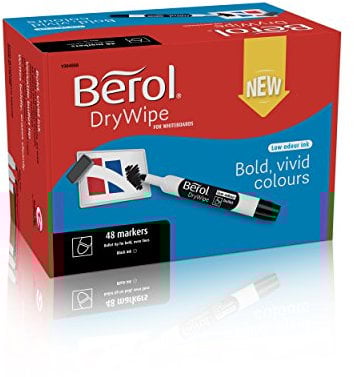 Berol DryWipe Whiteboard Marker Pens | Bullet Tip | Black Low-Odour Ink | 48 Dry Erase Markers
