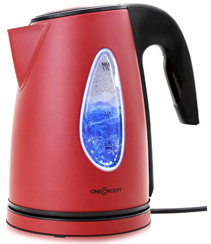 oneConcept TKV-SS17-Red Design Wasserkocher kabellos leistungsstark mit stylisch blauen LED-Lichteffekt, 2200 W, 1.7 Liter, Cool Touch, rot