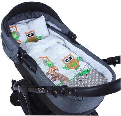 Babylux 2 TLG. Set Bezug für Kinderwagen Stubenwagen oder Wiege Garnitur Bettwäsche Kissen Decke 60 x 78 cm (55. Eule Grün)