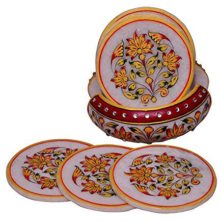 Purpledip Indien Cadeau Article?: Peint à la Main en marbre sous-Verres, Lot de 6 dans Un Support de marbre (DE casseroles)