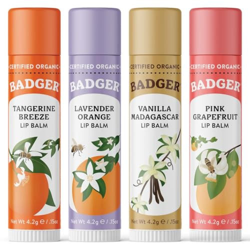 Badger Organic Lip Balm Sticks Set of 4 | Tangerine, Lavender, Vanilla & Grapefruit