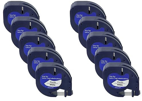 vhbw 10x Schriftband-Kassette Plastik kompatibel mit Dymo LetraTag LT-100H, LT-100T, QX50, XR Etiketten-Drucker 4m x 12mm Schwarz auf Weiß