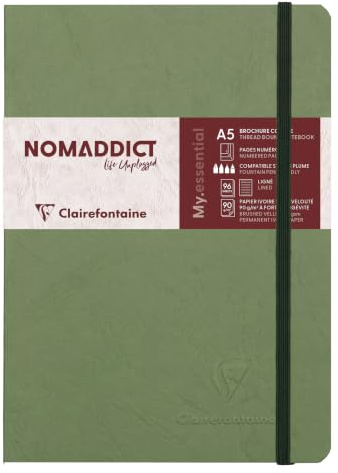 Clairefontaine 793463C Collection Age Bag Stitched Elastic Notebook MyEssential Green A5 14,8x21cm - 192 Numbered Lined Pages - 90g Ivory Paper - Leather Cover
