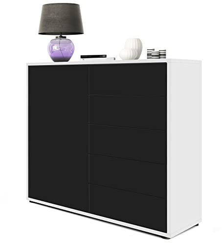 Vladon Sideboard Ben V2, Made in Germany, Kommode mit 1 Tür und 5 Schubladen, Weiß Hochglanz/Schwarz matt (79 x 74 x 36 cm)