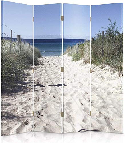Feeby Paravent Strand Meer 145x150 cm 4 Teilig Modern Design beidseitig Raumteiler Wandschirme Foto Trennwand Raumtrenner Sichtschutz Spanische Wand auf Leinwand Bedruckt Weiß Blau
