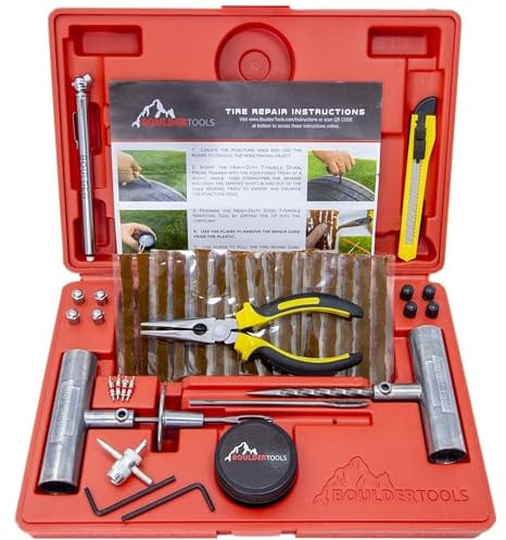 Boulder Tools Reifenreparaturset für PKW, LKW, Wohnmobil, SUV, ATV, Motorrad, Traktor, Anhänger - Auto Reifen Reparatur Kit, Tubeless Reparaturset, Autoreifen Reparaturset