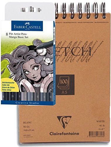 Faber Castell 167107 - Tuschestift PITT artist pen brush -Manga- 8er Packung + A5 Spiral-Skizzenblock
