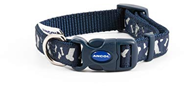 Ancol Fashion Dog Collar - Blue Reflective Bones Adjustable Collar for Dogs and Puppies - Hardwearing Nylon Base with Snap Buckle Fastening - Size 45-70cm for All Weather Use