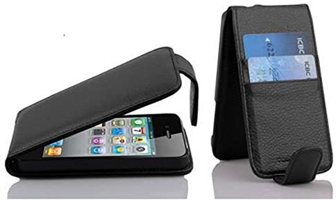 cadorabo Case works with Apple iPhone 4 / iPhone 4S in OXID BLACK - Flip Style Case made of Faux Leather with Card Slot - Wallet Etui Cover Pouch PU Leather Flip