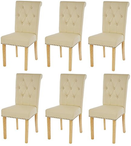 Mendler 6er-Set Esszimmerstuhl Chesterfield II, Stuhl Küchenstuhl, Nieten - Kunstleder, Creme, helle Beine
