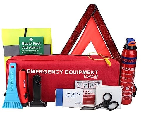 EVAQ8 Advanced Car Safety Kit with BSI First Aid Kit and Extinguisher