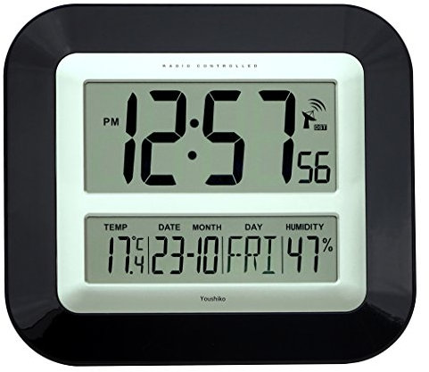 Youshiko Jumbo Large LCD Radio Controlled Wall & Desk Clock (UK & Ireland Version) Silent Battery Operated Temperature Humidity Calendar for Home Office