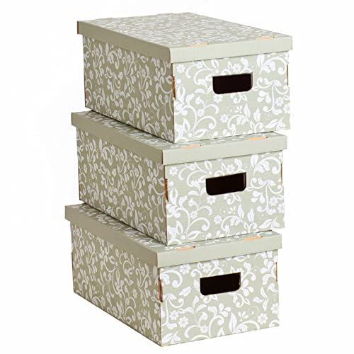 LAVATELLI Set of 3 Decorative Storage Boxes with Lids, Cardboard, Flowers Design, Ideal for Clothes, Bedding, Toys, Office and Gift, Floral, Gray, 51x29x21 cm, RED, 51 x 29 x 20 cm