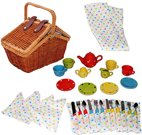 alles-meine.de GmbH 30 TLG. Set: Picknickkorb - mit Geschirr aus Porzellan/Keramik - Teeservice & Kaffeeservice - Bunte Punkte - Picknick Körbchen - Küche Zubehör Koffer - für ..