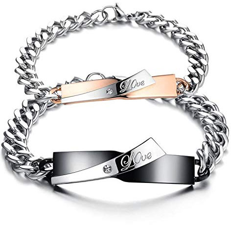 OIDEA Paar Armband Love aus Edelstahl: 2 Stück Paare Armbänder mit Gravur Love Armkette Panzerkette Partner Armreif Schmcuk Geschenk Valentinstag für Freundin Freund