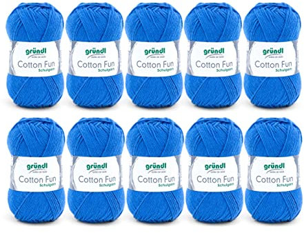 Gründl Wolle Cotton Fun - Wolle zum Häkeln - Strickgarn - Häkelgarn - Pflegeleicht und hautfreundlich - 100 % Baumwolle - 10 Knäuel 50 g / 115 m - Nadelstärke 3 - 4 - Royalblau
