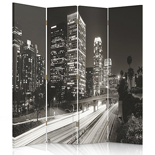 Feeby Paravent Los Angeles 145x180 cm 3 Teilig Modern Design einseitig Raumteiler Wandschirme Foto Trennwand Raumtrenner Sichtschutz Spanische Wand auf Leinwand Bedruckt Nacht Schwarz-Weiß