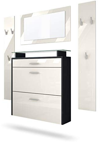 Vladon Garderobe Malea, Garderobenset bestehend aus 1 Hängeschuhschrank, 1 Wandspiegel und 2 Garderobenpaneele, Schwarz matt/Creme Hochglanz