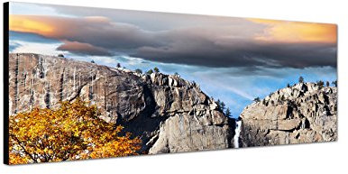 Augenblicke Wandbilder Keilrahmenbild Wandbild 150x50cm Yosemite Landschaft Felsen Wasserfall Herbst