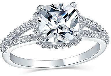 Bling Jewelry Klassischer Traditioneller 3Ct Aaa Cz Halo Brillant Solitaire Quadrat Cushion Cut Verlobungsring Für Frauen Mit Split Shank Dünne Band .925 Sterlingsilber