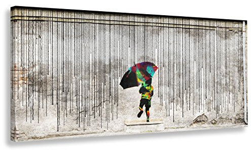 Kunstbruder Wandbild von Banksy Child In The Rain (div. Größen) - Kunstdruck auf Leinwand/Leinwandbild Street-Art Graffiti Bild 20x50cm