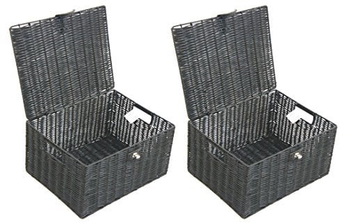 ARPAN 2 x Resin Woven Storage Hamper Basket Box With Lid & Lock (Black - Large)