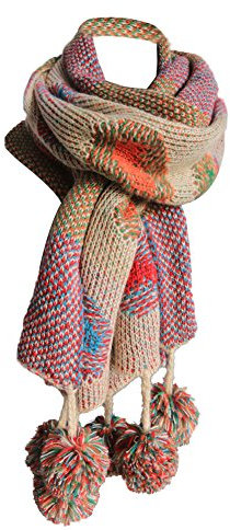 PB-SOAR Damen Strickschal Warmer Schal Halstuch mit bunten Punkten und abnehmbaren Bommeln 180 x 38cm (Beige)