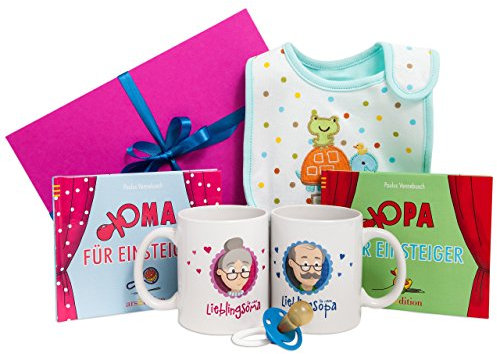Geschenk für Oma und Opa mit zweimal Buch, zweimal Tasse, Lätzchen und Schnuller - Buch Oma werden für Einsteiger und Buch Opa werden für Einsteiger - süße Lieblingsoma und Lieblingsopa Tasse - werdende Oma und Opa Geschenke - tolles Geschenkset für Großeltern - Geschenkidee für Oma und Opa in bunter Geschenkbox- frischgebackene Großeltern Geschenk