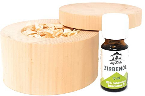 Zirben Duftset mit Zirbeholz Schale verschließbar, Zirbenspänen aus Zirbenholz und 10ml Zirbenöl