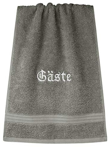 Lashuma Gästehandtuch Linz 30x50 cm, Besticktes Frottee Handtuch, Schrift Gäste in Grau - Dunkel