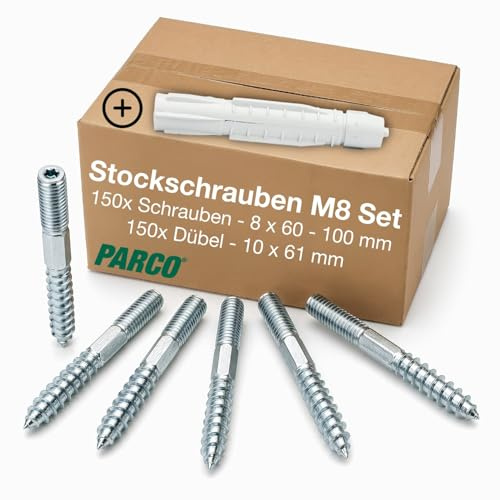 PARCO Lot de 300 vis à double filetage M8 TX25 galvanisées + chevilles universelles – Pour la fixation de lavabos, porte-serviettes, étagères de salle de bain, meubles, même pour panneaux solaires
