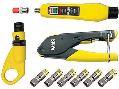 KLEIN TOOLS Koax-Installations- und Kabeltest-Set mit Crimpzange, Abisolierer, Tester und F-Steckern VDV002-818