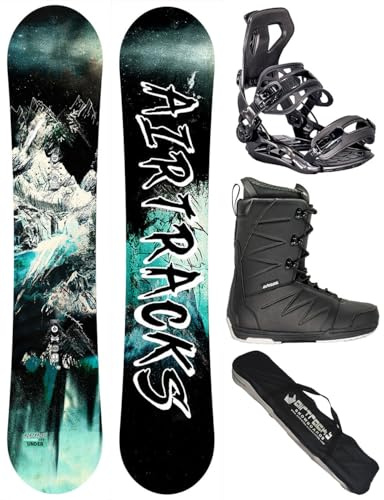 Airtracks Herren Snowboard Set - Under Flat Zero Rocker Snowboard Wide + Snowboard Bindung Master + Snowboardboots + Sb Bag / 156 159 163 165 cm