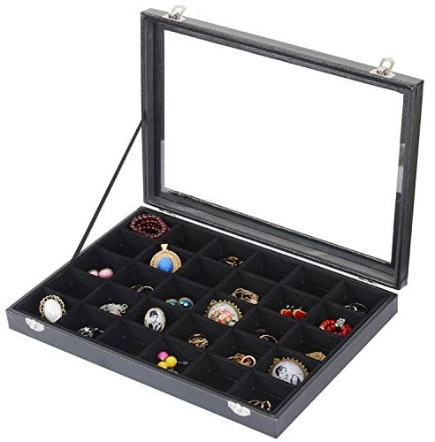 Sinoba Schmucklade Schmuckkasten Schaukasten Schmuckdisplay mit Glasdeckel (30 Fächer)