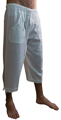 Pantalones Muy Confortables Estilo Casual, Tres Cuartos, con Cintura elástica y cordón. Blanco.